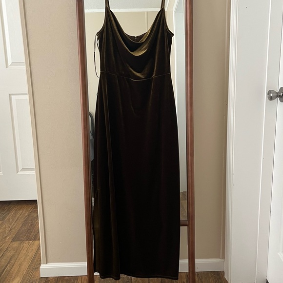 Taylor Cowl Neck Velvet Bronze/Olive Green Side Slit Dress - Picture 1 of 9
